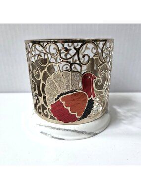 Bath & Body Works Thanksgiving Turkey 3 Wick Candle Holder Gold Metal Marble NEW